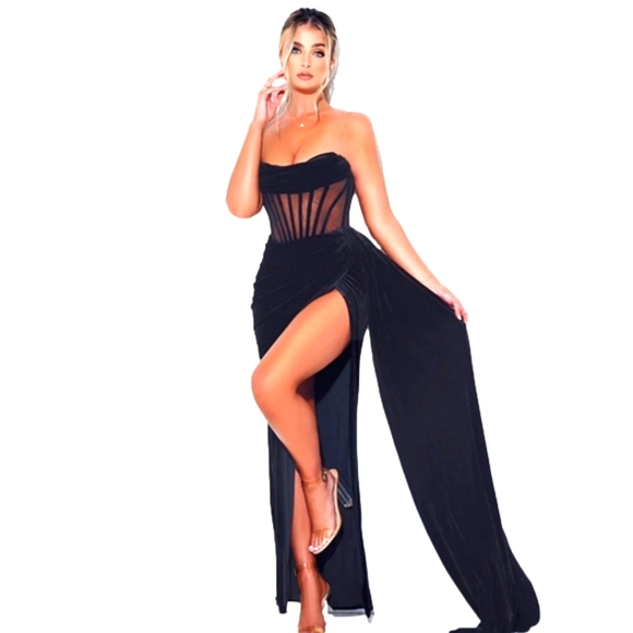 Black Corset High Slit Velvet Gown Sexy Winter Dress Women's Formal - Picture 4 of 16